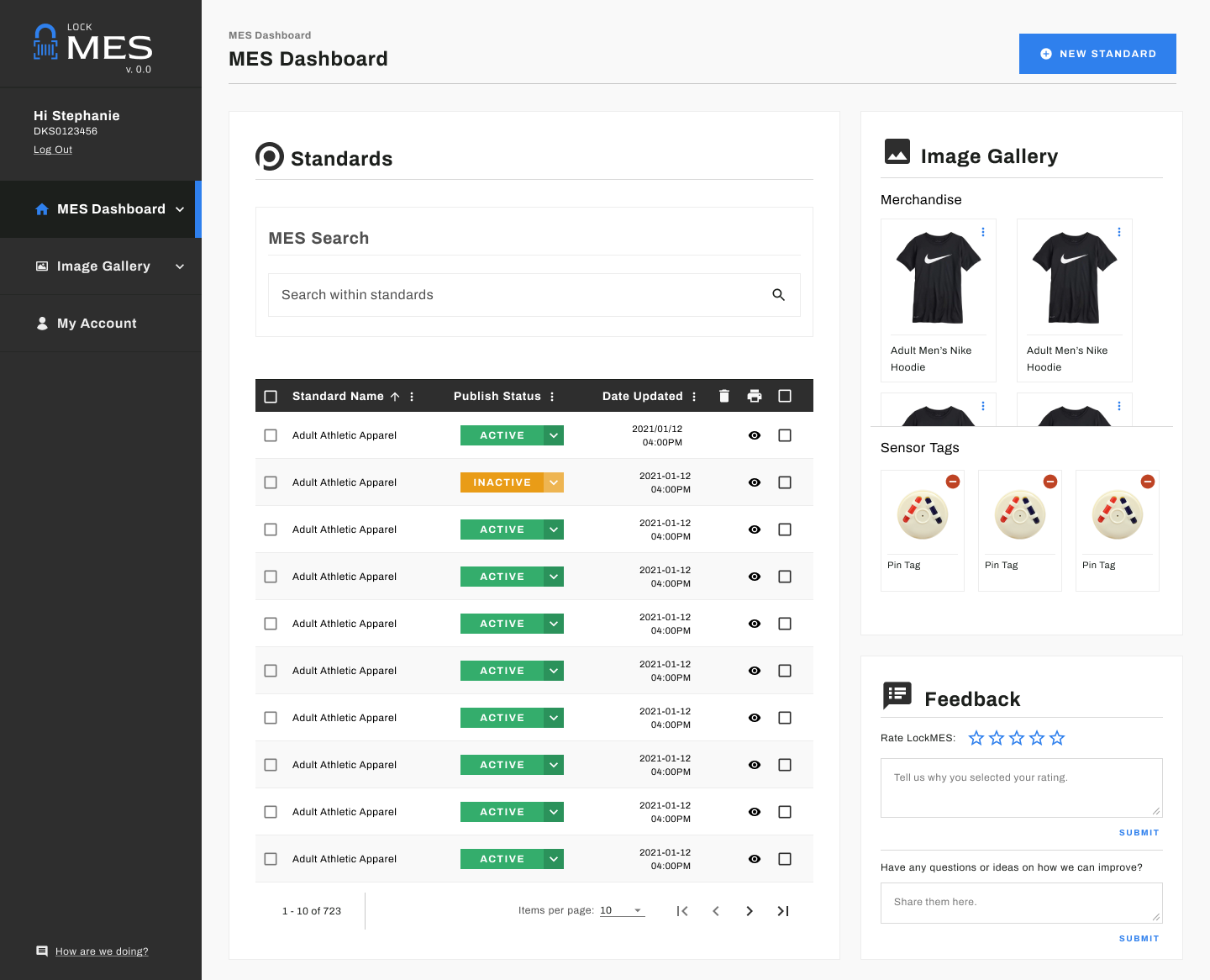 Original LockMES v0.0 admin dashboard handed off to engineering, showing a standards table with publish status, dates, and an image gallery sidebar