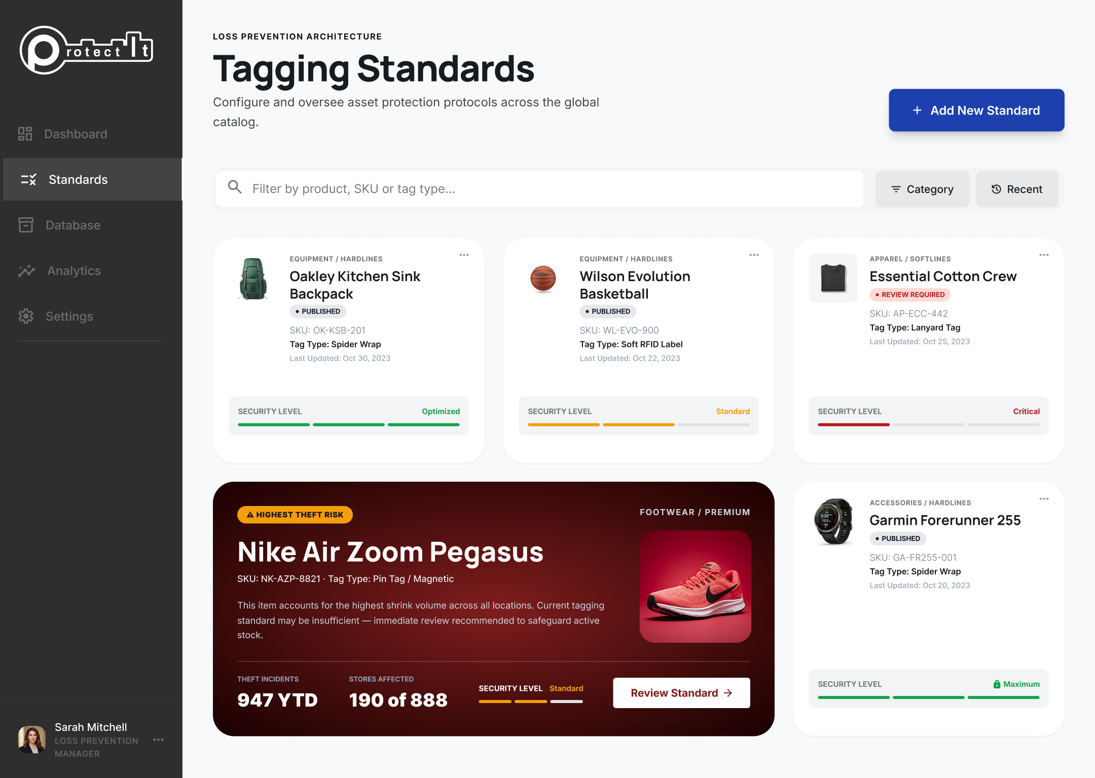 High-fidelity redesign of the Protect It corporate dashboard showing tagging standards with product cards, security levels, and a highest-theft-risk alert